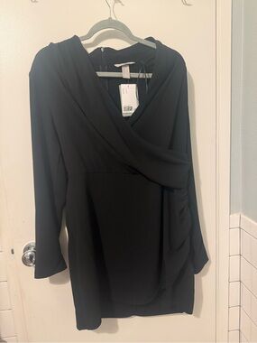 H&M Black Draped Wrap-Front Long Sleeve Dress